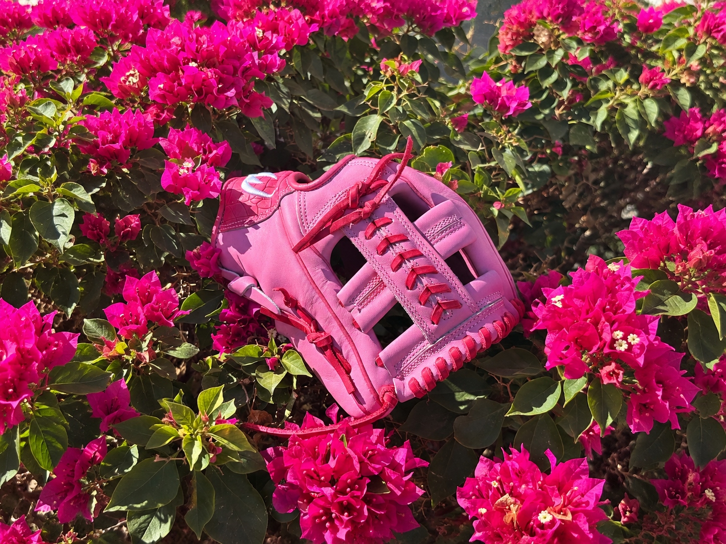 Cherry-pink ANAWIN glove among flowers